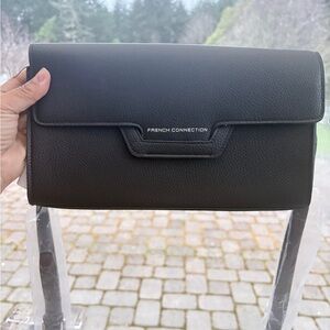 French Connection Black Pebbled Leather Flap Crossbody Bag